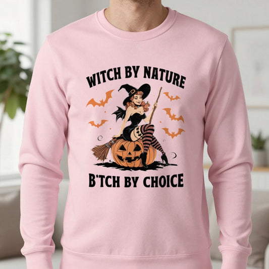 Witch By Nature Halloween Sweatshirt in Light Pink, worn, our photo