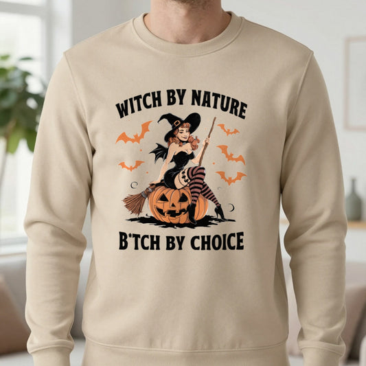 Witch By Nature Halloween Sweatshirt in Sand, worn, our photo