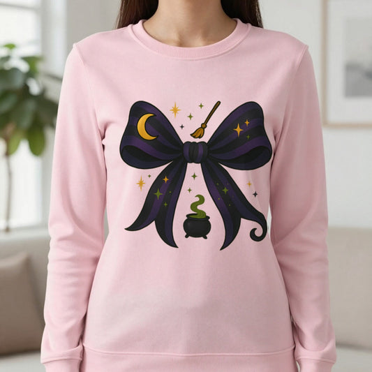 Witchy Bow Halloween Sweatshirt in Light Pink, worn, our photo