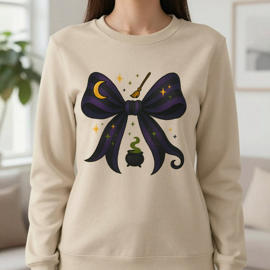 Witchy Bow Halloween Sweatshirt in Sand, worn, our photo