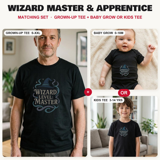 Wizard Master & Apprentice matching set: grown-up tee with baby grow or kids tee