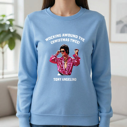 Wocking Awound The Chwistmas Twee Christmas T-Shirt & Sweatshirt in Carolina Blue, worn, our photo