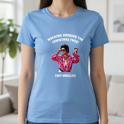 Wocking Awound The Chwistmas Twee Christmas T-Shirt & Sweatshirt in Carolina Blue, worn, our photo