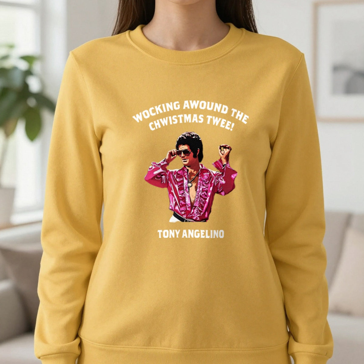 Wocking Awound The Chwistmas Twee Christmas T-Shirt & Sweatshirt in Gold, worn, our photo