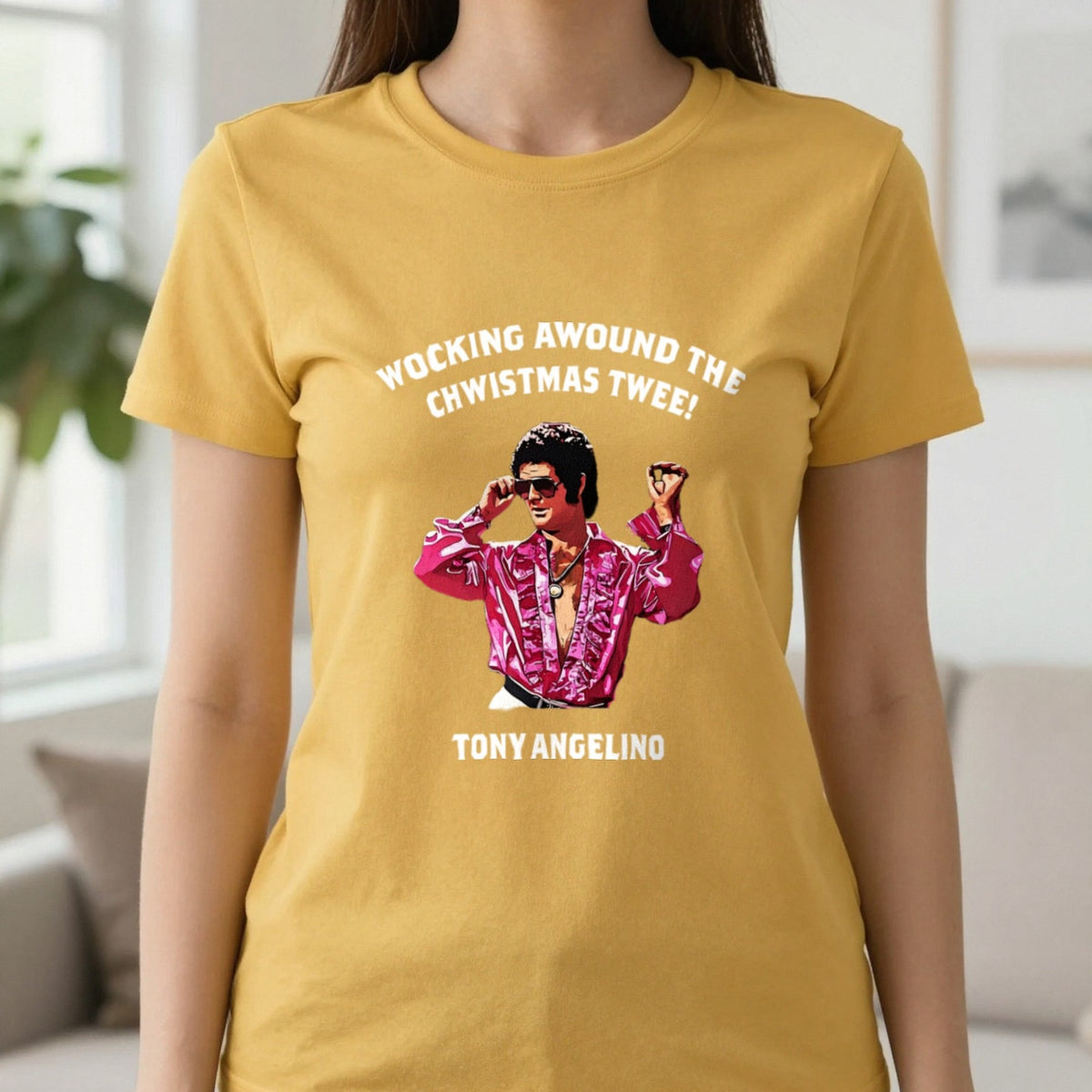 Wocking Awound The Chwistmas Twee Christmas T-Shirt & Sweatshirt in Gold, worn, our photo