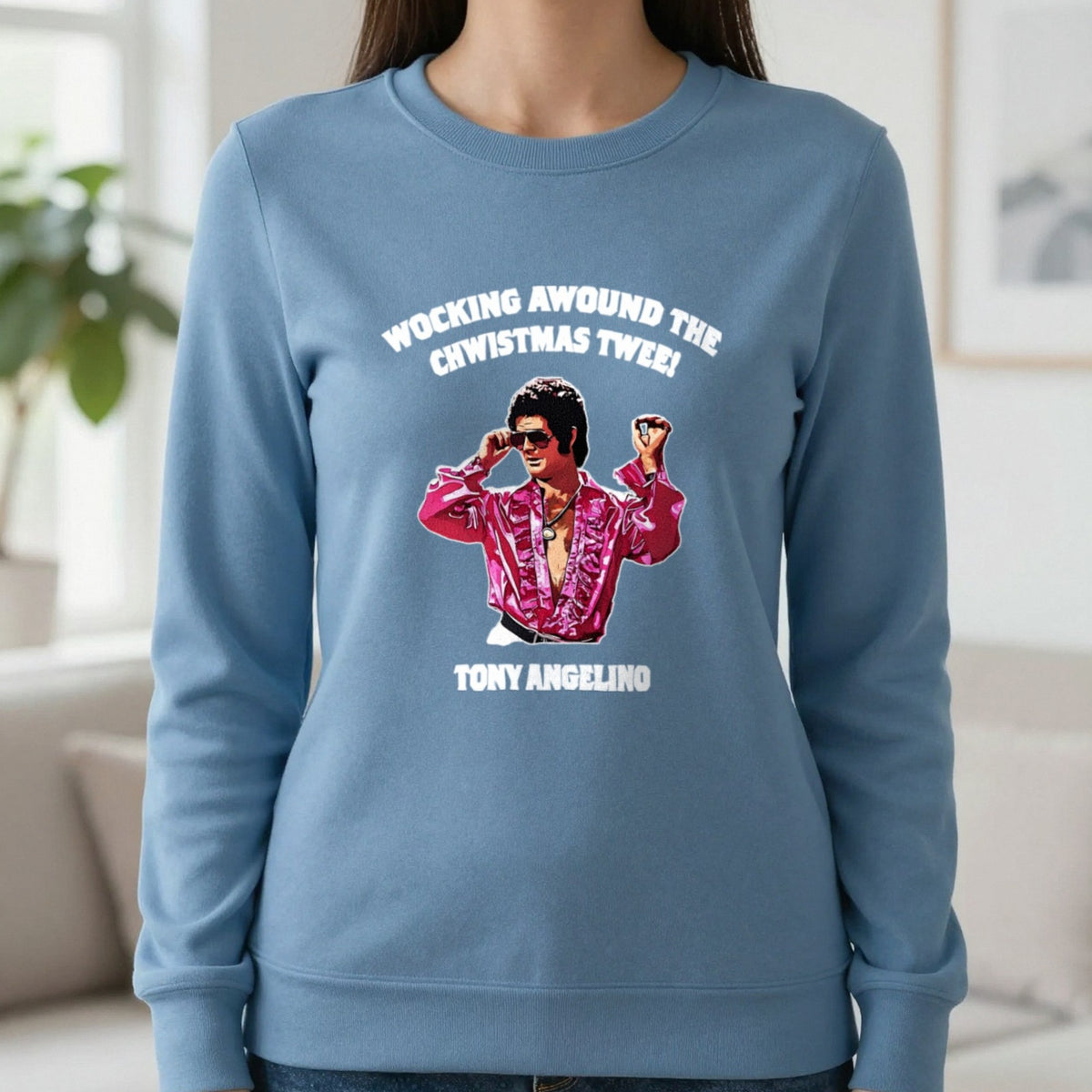 Wocking Awound The Chwistmas Twee Christmas T-Shirt & Sweatshirt in Indigo Blue, worn, our photo