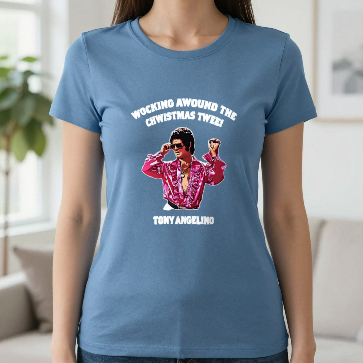 Wocking Awound The Chwistmas Twee Christmas T-Shirt & Sweatshirt in Indigo Blue, worn, our photo