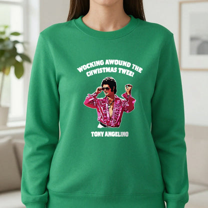 Wocking Awound The Chwistmas Twee Christmas T-Shirt & Sweatshirt in Irish Green, worn, our photo