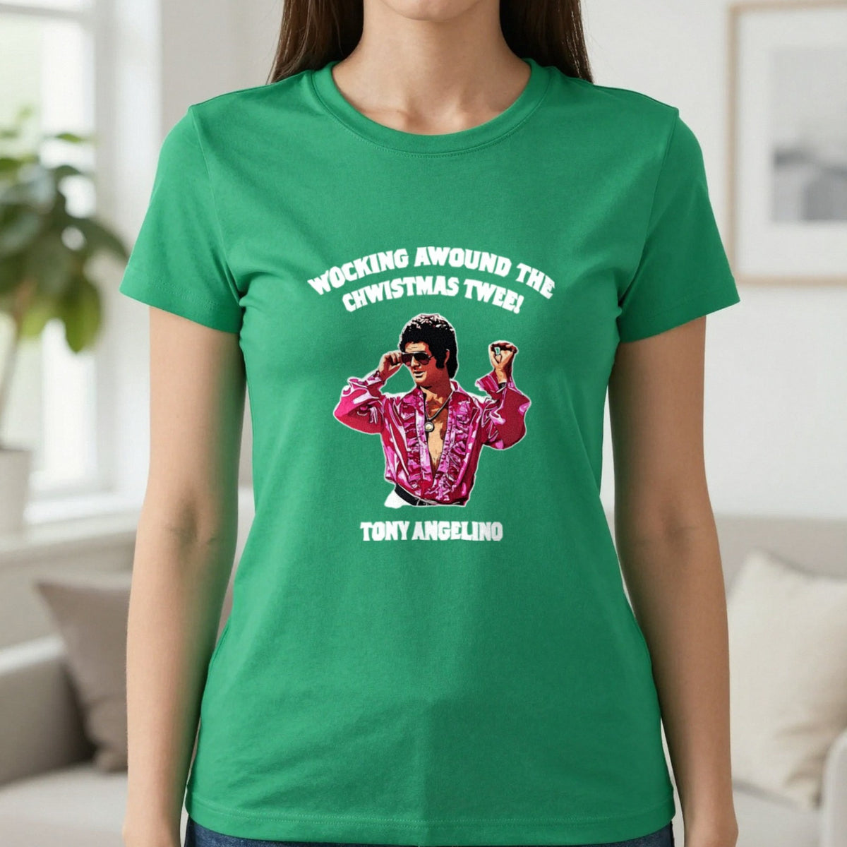 Wocking Awound The Chwistmas Twee Christmas T-Shirt & Sweatshirt in Irish Green, worn, our photo