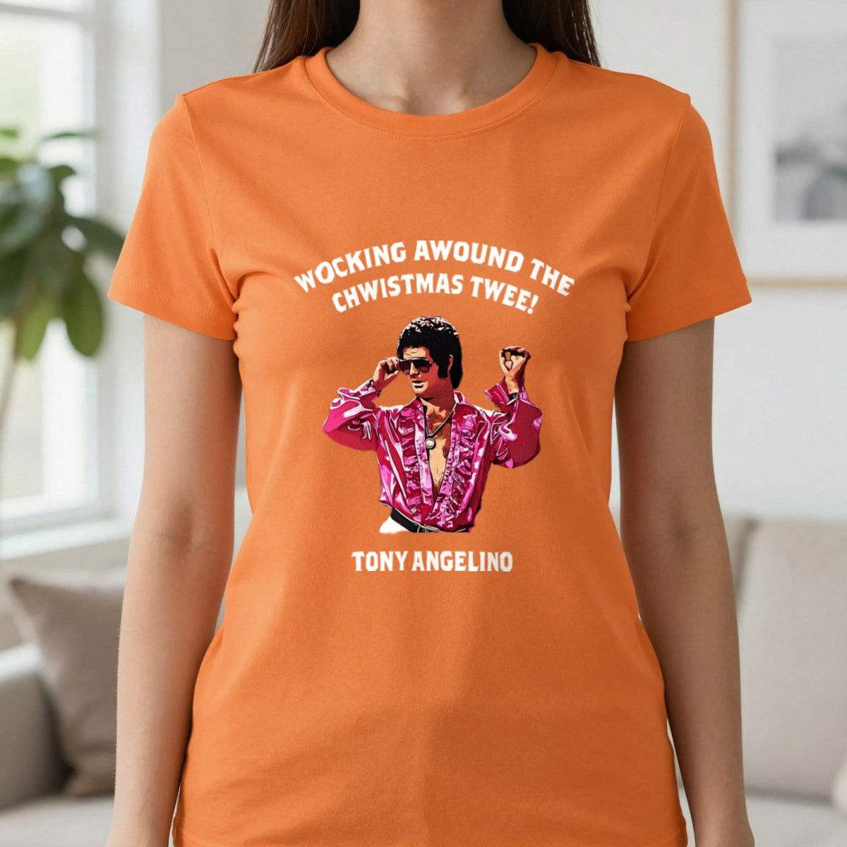 Wocking Awound The Chwistmas Twee Christmas T-Shirt & Sweatshirt in Orange, worn, our photo