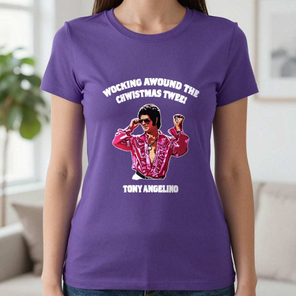 Wocking Awound The Chwistmas Twee Christmas T-Shirt & Sweatshirt in Purple, worn, our photo