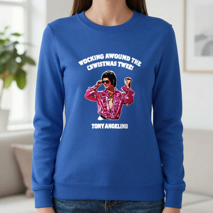 Wocking Awound The Chwistmas Twee Christmas T-Shirt & Sweatshirt in Royal, worn, our photo