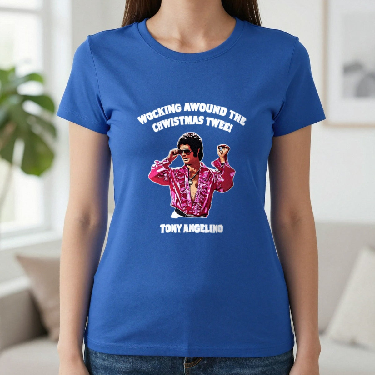 Wocking Awound The Chwistmas Twee Christmas T-Shirt & Sweatshirt in Royal, worn, our photo
