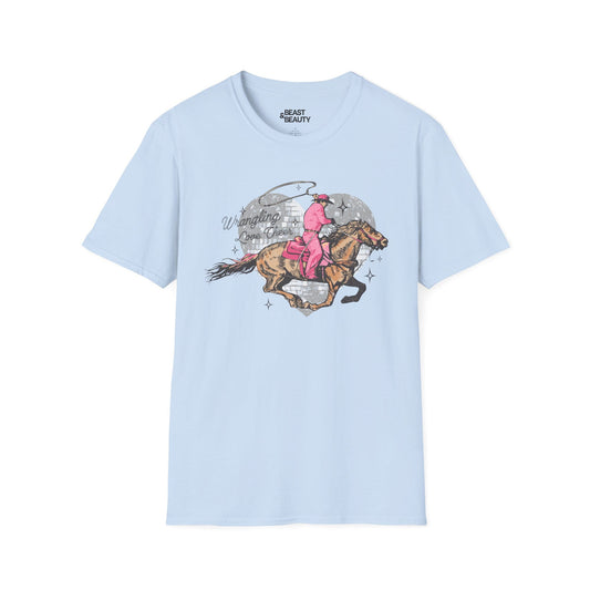 wrangling love cheer cowgirl t-shirt light blue t-shirt cowgirl gift idea