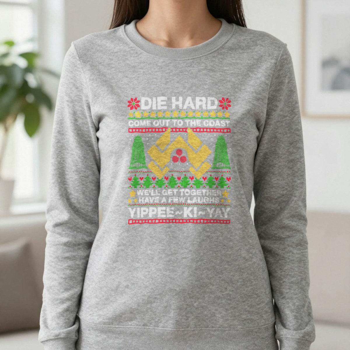 Yippee Ki Yay Christmas Jumper Design T-Shirt & Sweatshirt in Sport Grey, worn, our photo