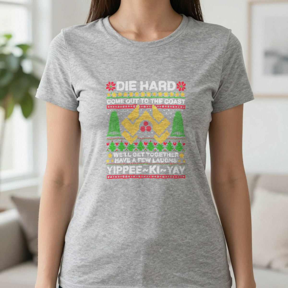 Yippee Ki Yay Christmas Jumper Design T-Shirt & Sweatshirt in Sport Grey, worn, our photo