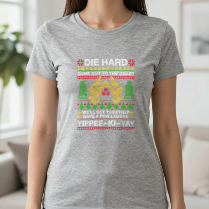 Yippee Ki Yay Christmas Jumper Design T-Shirt & Sweatshirt in Sport Grey, worn, our photo