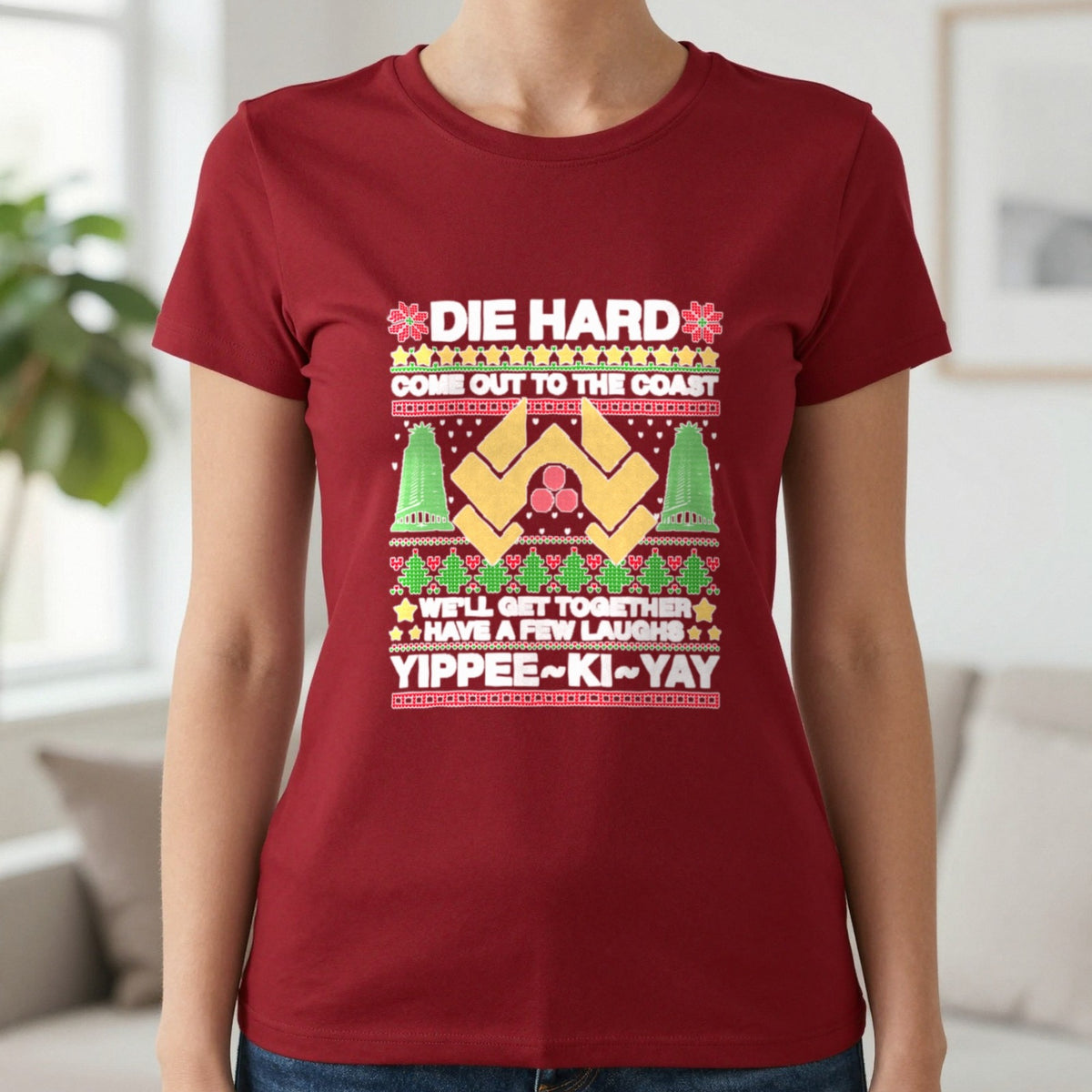 Yippee Ki Yay Christmas Jumper Design T-Shirt & Sweatshirt in Cardinal Red, worn, our photo