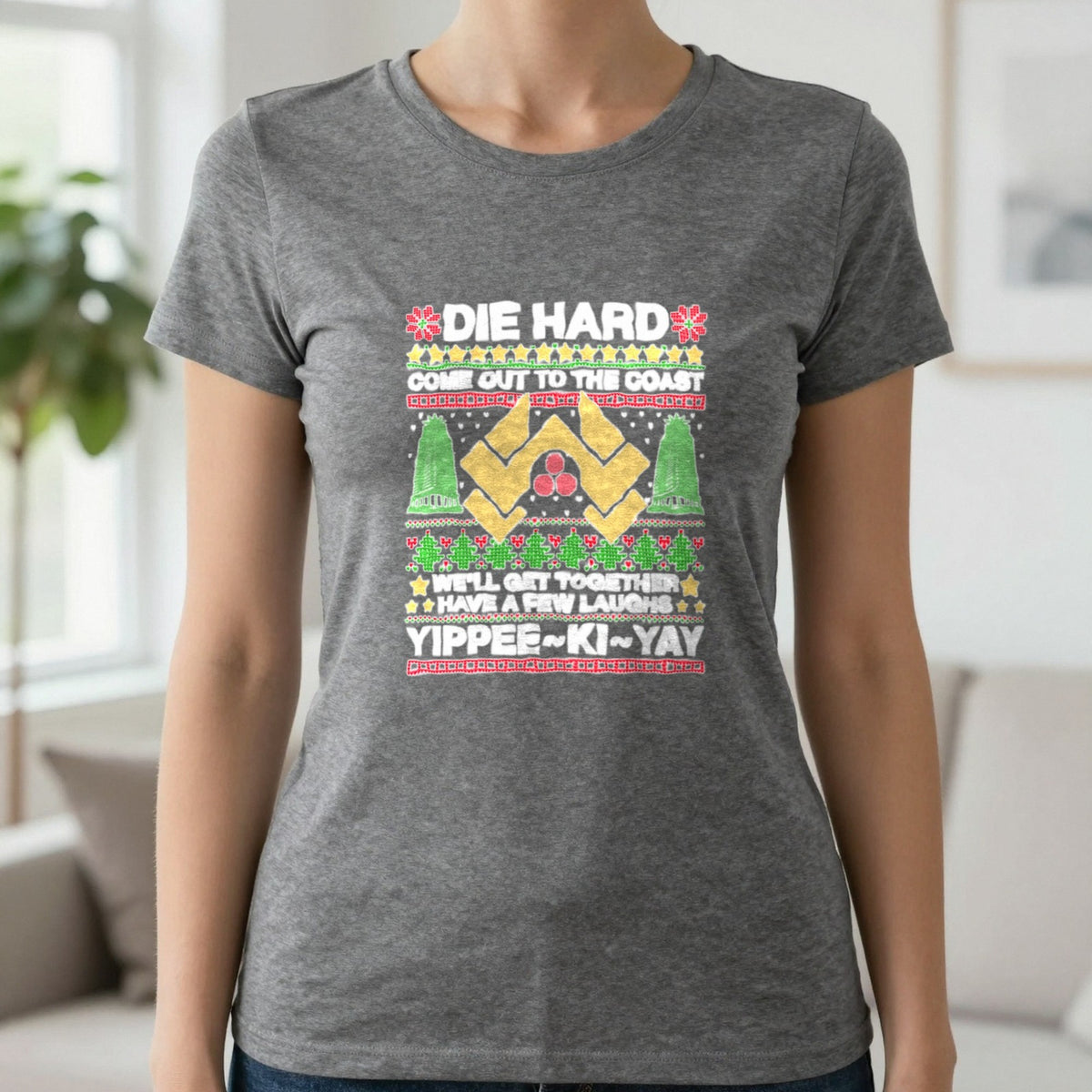 Yippee Ki Yay Christmas Jumper Design T-Shirt & Sweatshirt in Charcoal, worn, our photo