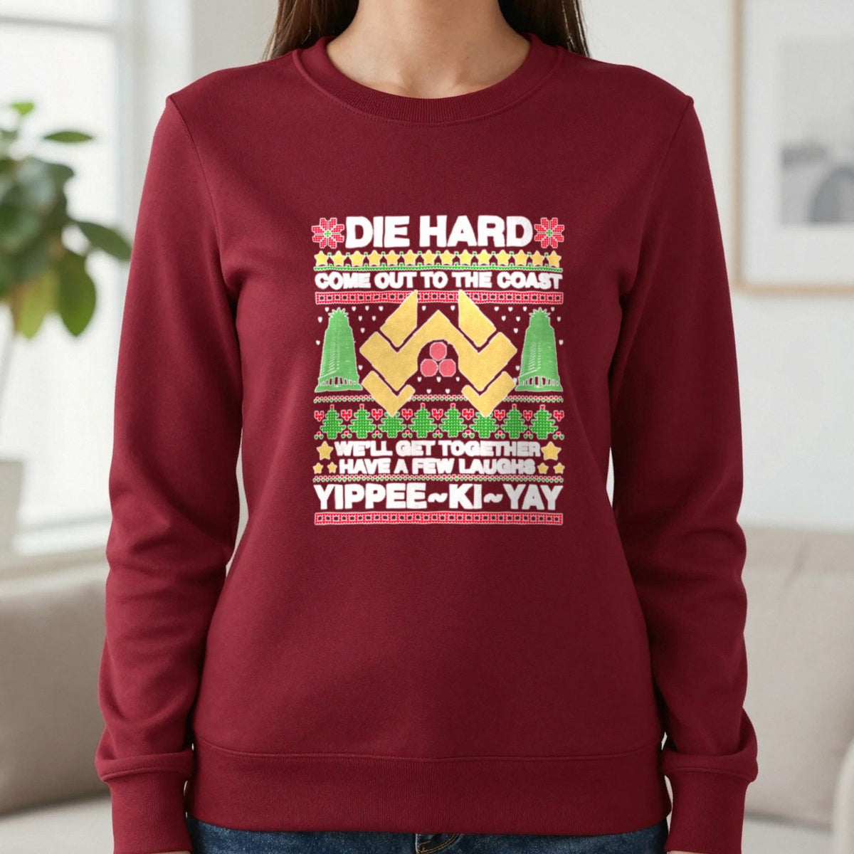 Yippee Ki Yay Christmas Jumper Design T-Shirt & Sweatshirt in Cherry Red, worn, our photo