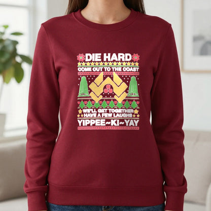 Yippee Ki Yay Christmas Jumper Design T-Shirt & Sweatshirt in Cherry Red, worn, our photo