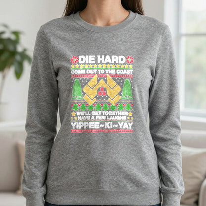 Yippee Ki Yay Christmas Jumper Design T-Shirt & Sweatshirt in Dark Heather, worn, our photo