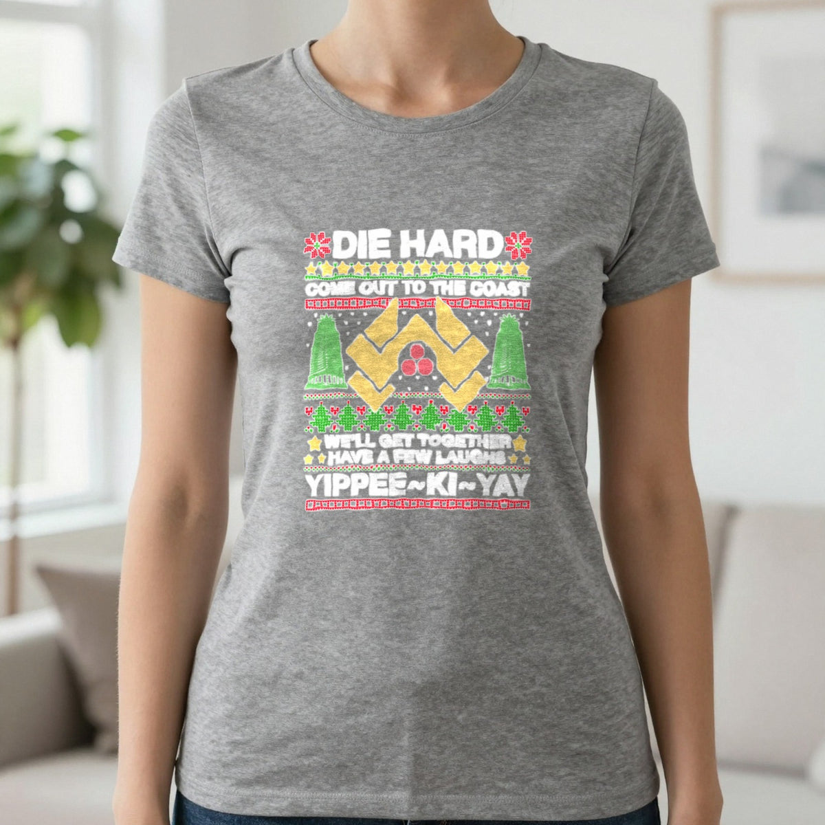 Yippee Ki Yay Christmas Jumper Design T-Shirt & Sweatshirt in Dark Heather, worn, our photo