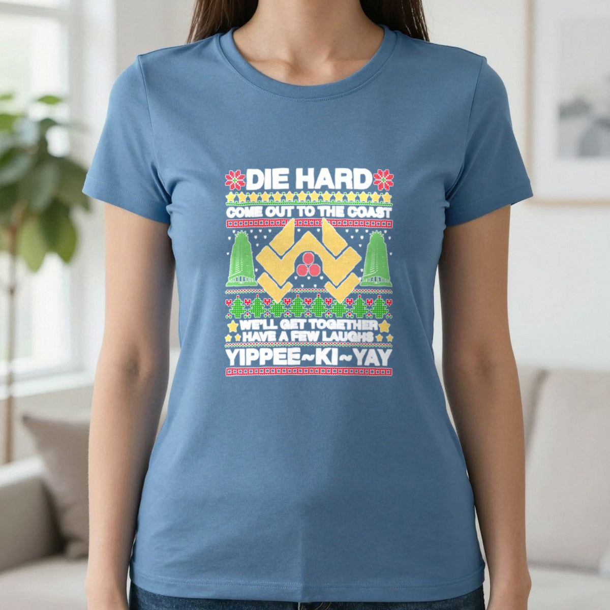 Yippee Ki Yay Christmas Jumper Design T-Shirt & Sweatshirt in Indigo Blue, worn, our photo