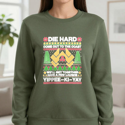 Yippee Ki Yay Christmas Jumper Design T-Shirt & Sweatshirt in Military Green, worn, our photo