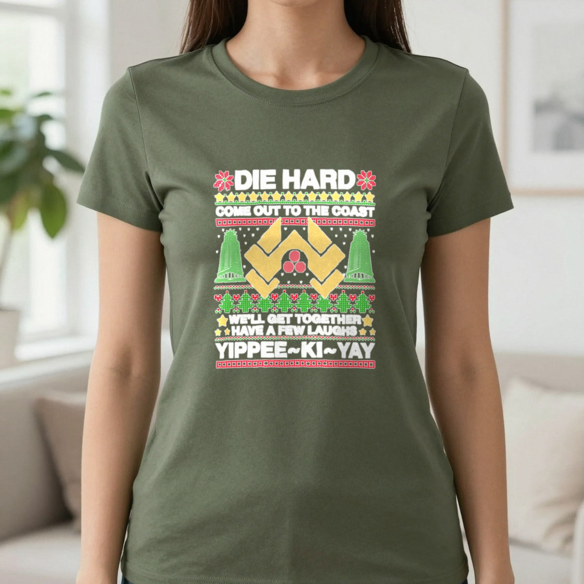 Yippee Ki Yay Christmas Jumper Design T-Shirt & Sweatshirt in Military Green, worn, our photo