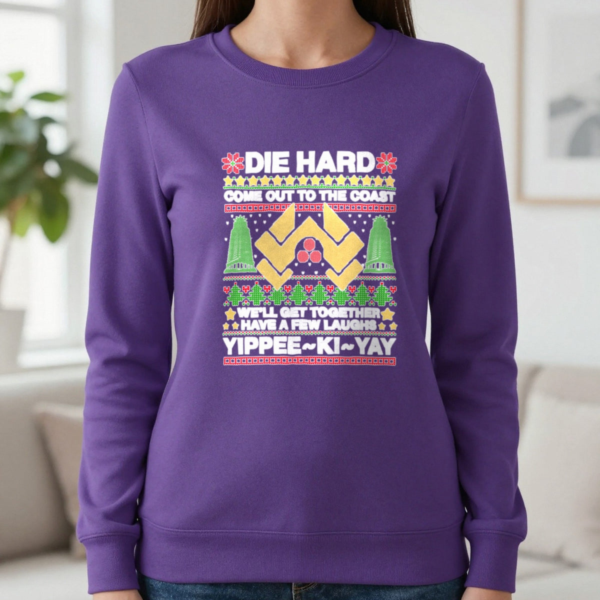 Yippee Ki Yay Christmas Jumper Design T-Shirt & Sweatshirt in Purple, worn, our photo
