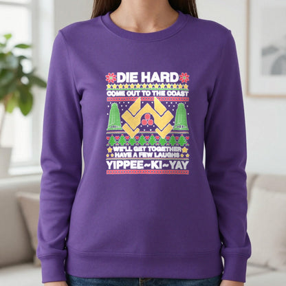 Yippee Ki Yay Christmas Jumper Design T-Shirt & Sweatshirt in Purple, worn, our photo