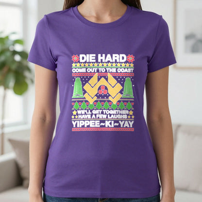 Yippee Ki Yay Christmas Jumper Design T-Shirt & Sweatshirt in Purple, worn, our photo