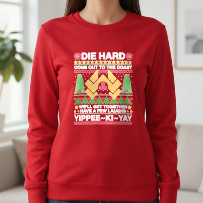 Yippee Ki Yay Christmas Jumper Design T-Shirt & Sweatshirt in Red, worn, our photo
