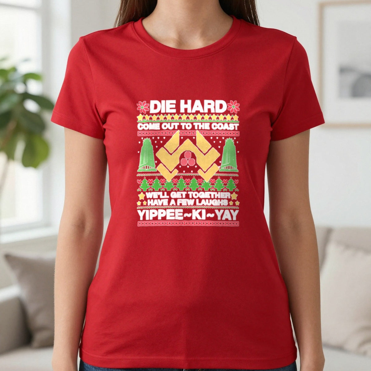 Yippee Ki Yay Christmas Jumper Design T-Shirt & Sweatshirt in Red, worn, our photo