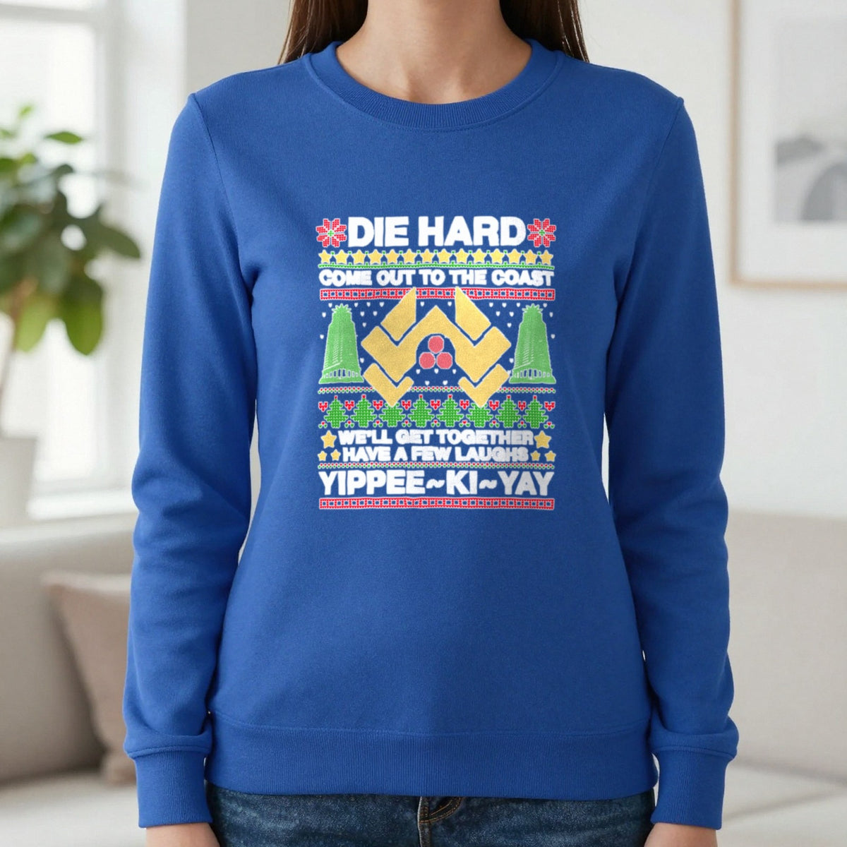 Yippee Ki Yay Christmas Jumper Design T-Shirt & Sweatshirt in Royal, worn, our photo