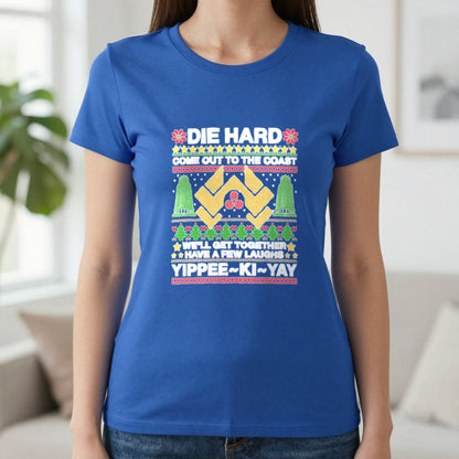 Yippee Ki Yay Christmas Jumper Design T-Shirt & Sweatshirt in Royal, worn, our photo