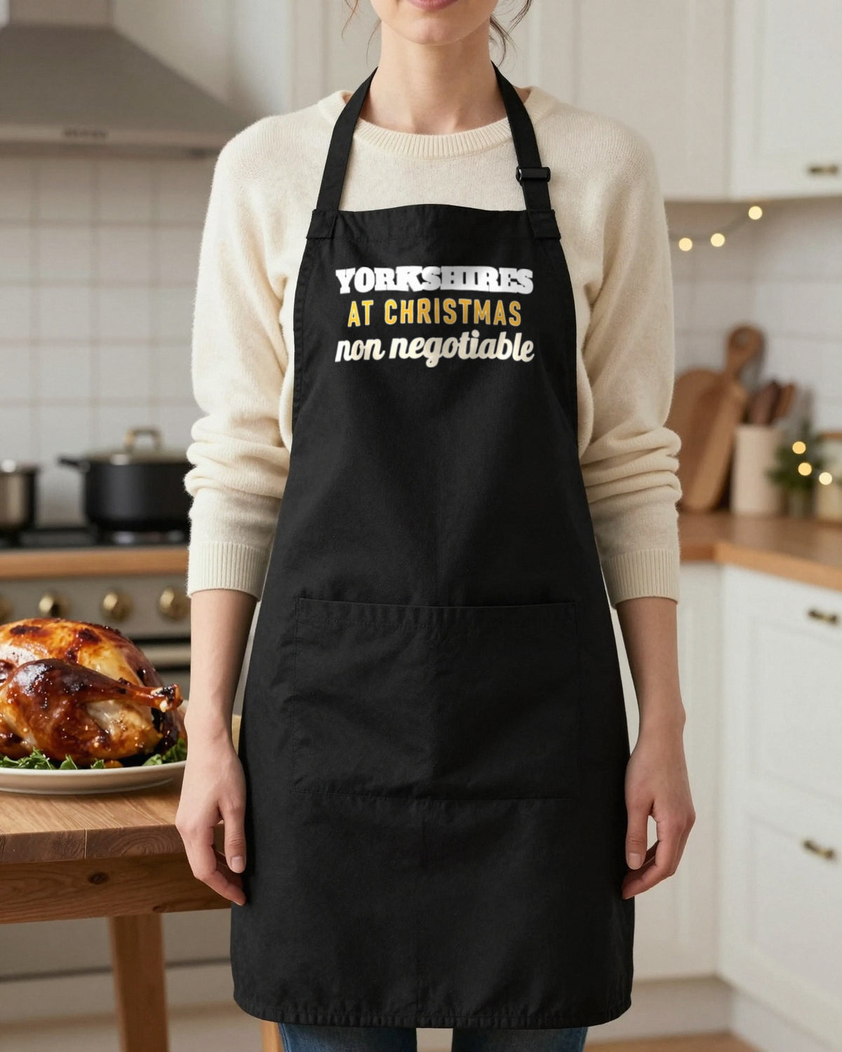 Yorkshires At Christmas Non Negotiable Christmas apron in Black, worn, our photo