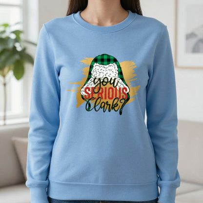 You Serious Clark Christmas T-Shirt & Sweatshirt in Carolina Blue, worn, our photo