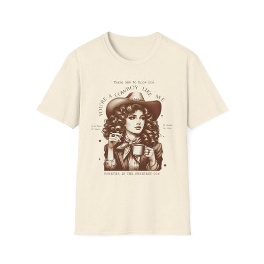 light blue t-shirt with romantic cowgirl graphic print