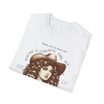 multiple colours of you're a cowboy like me t-shirt displayed together