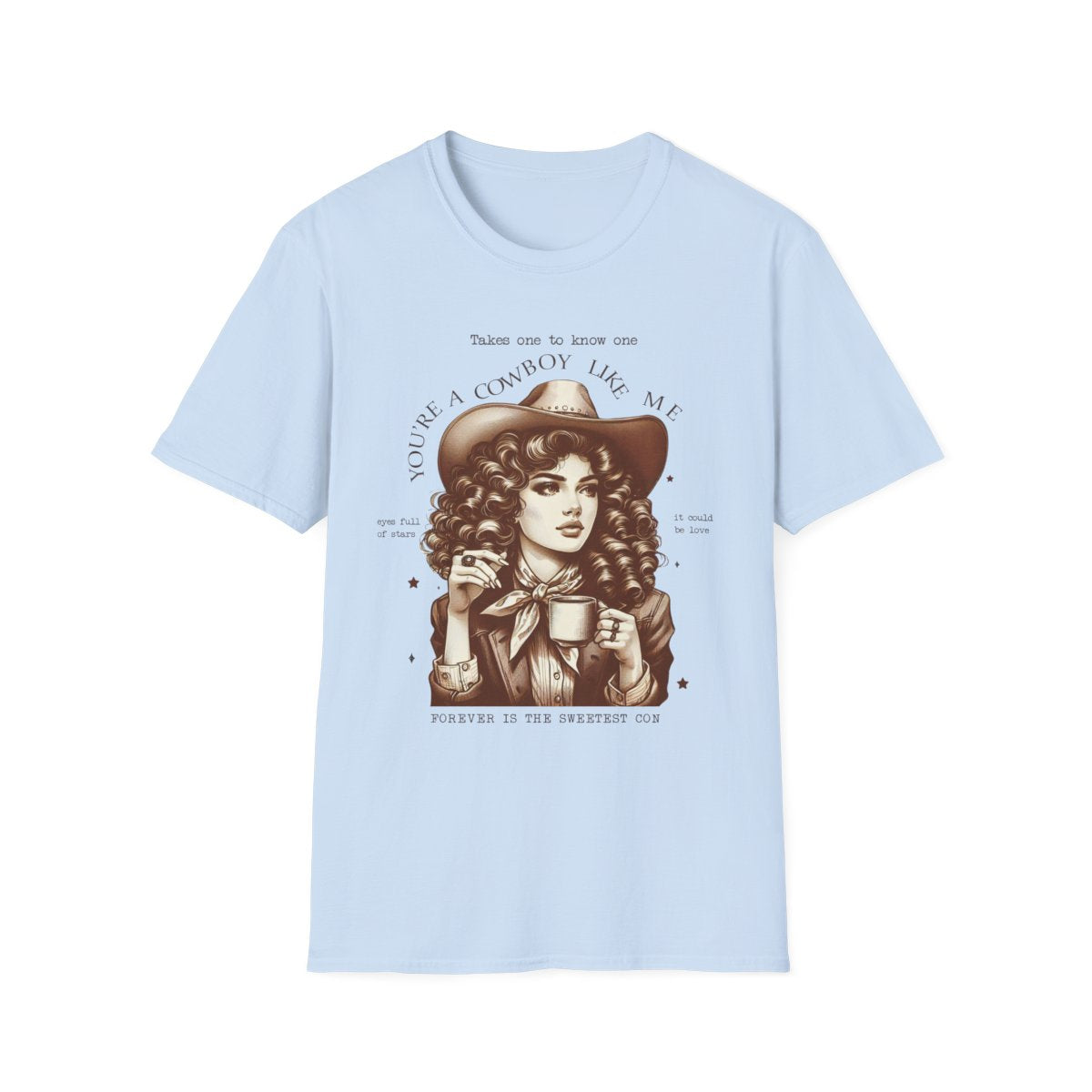 natural coloured t-shirt with you're a cowboy like me design flat lay