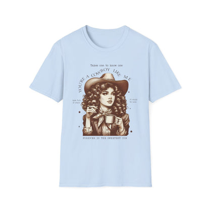 natural coloured t-shirt with you're a cowboy like me design flat lay
